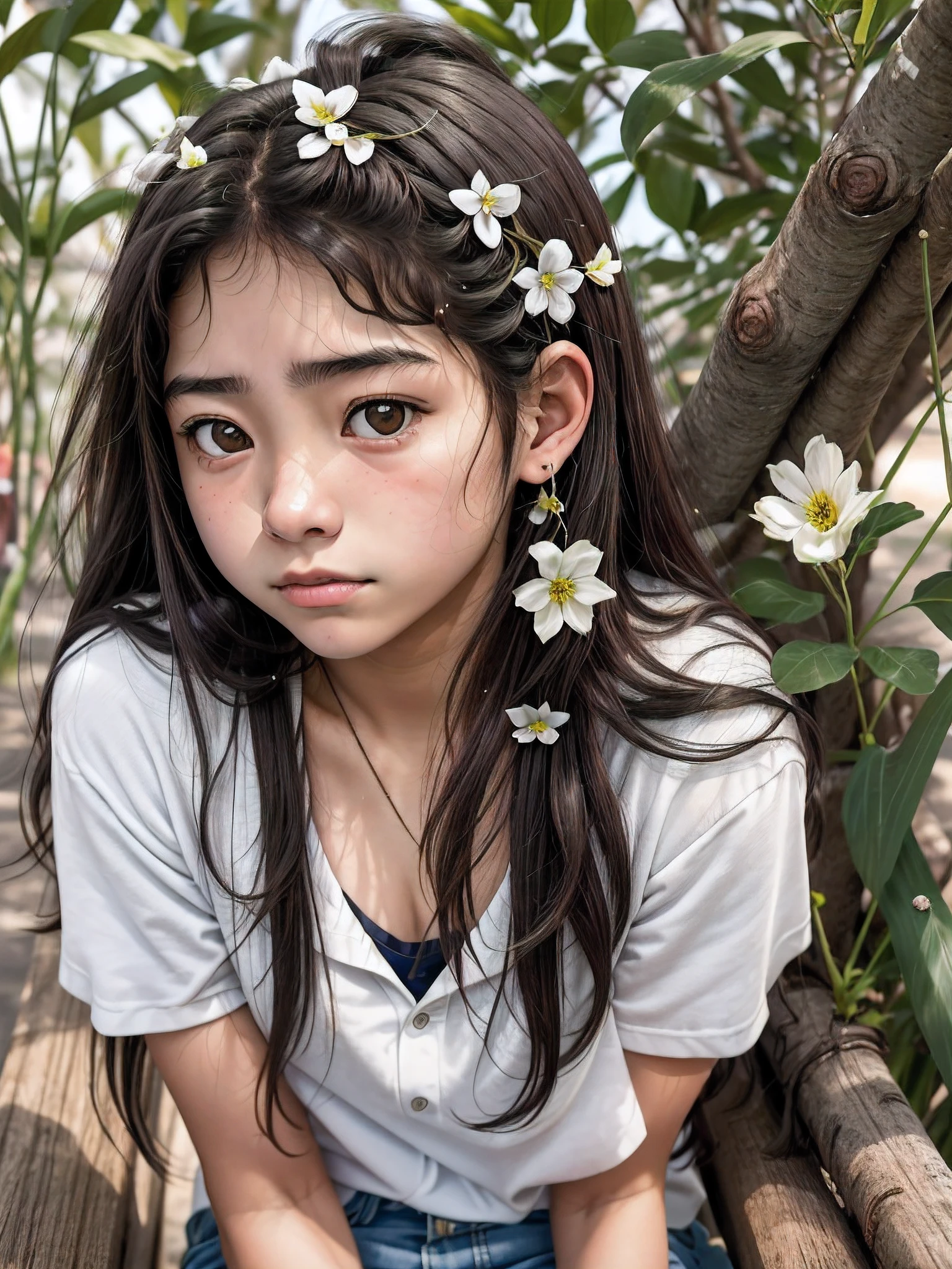 There's a young woman sitting on a bench talking on her cell phone, menina de cabelo preto vestindo capuz, menina vestindo capuz, retrato da menina deprimida, Um retrato de uma  suicida, tired expression, portrait of a japanese teen, young asian girl, retrato do adolescente deprimido, de uma jovem japonesa, close up de uma jovem garota de anime, with a sad expression