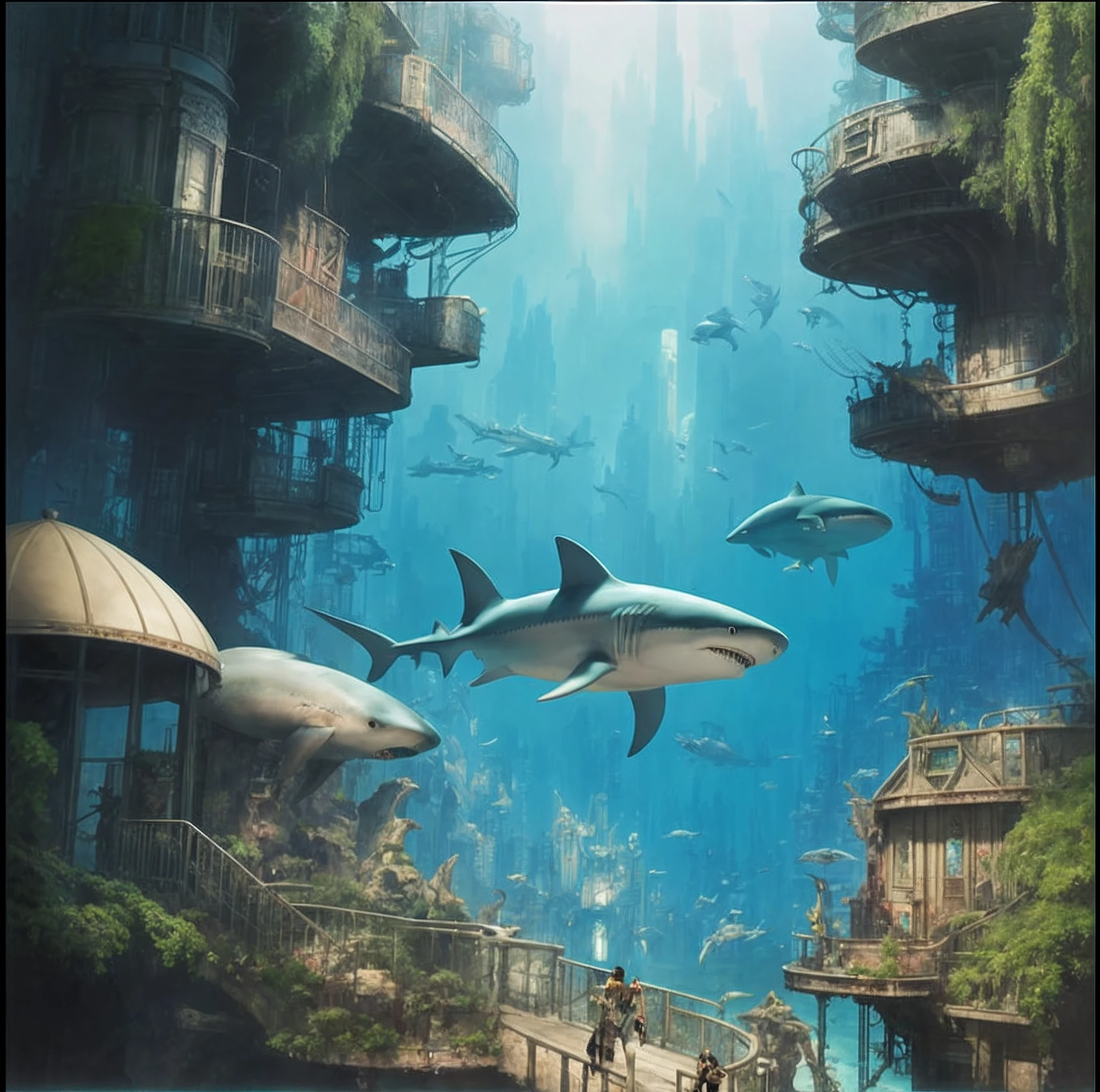 Es gibt viele Haie, die im Wasser in der Nähe eines Gebäudes schwimmen, Unterwasserstadt, an Unterwasserstadt, Stadt von Atlantis, Stadt von Atlantis, Die Stadt Atlantis, futuristische Unterwassermetropole, Verlorene Stadt Atlantis, stilisierte urbane Fantasy-Kunst, Cyberpunk Atlantis, surreale Konzeptkunst, In Fantasy Sci – City of Fi:, the Verlorene Stadt Atlantis, inspired by Stephan Martinière