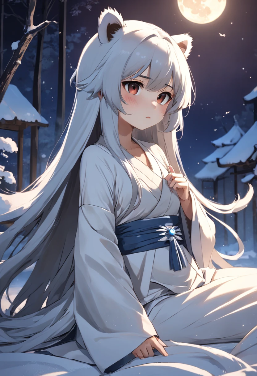 Tanuki sat on the bed，Covered with a thin quilt，Her long hair was draped behind her shoulders，The silver moonlight blocked a layer of holy light on Tanuki Youwei's delicate little face，Under the slender neck like a swan is a delicate snow-white collarbone，The side of the white sling slips off，The angle of the photo can clearly see a snow color and a touch of depth。Raised sexy，high qulity
