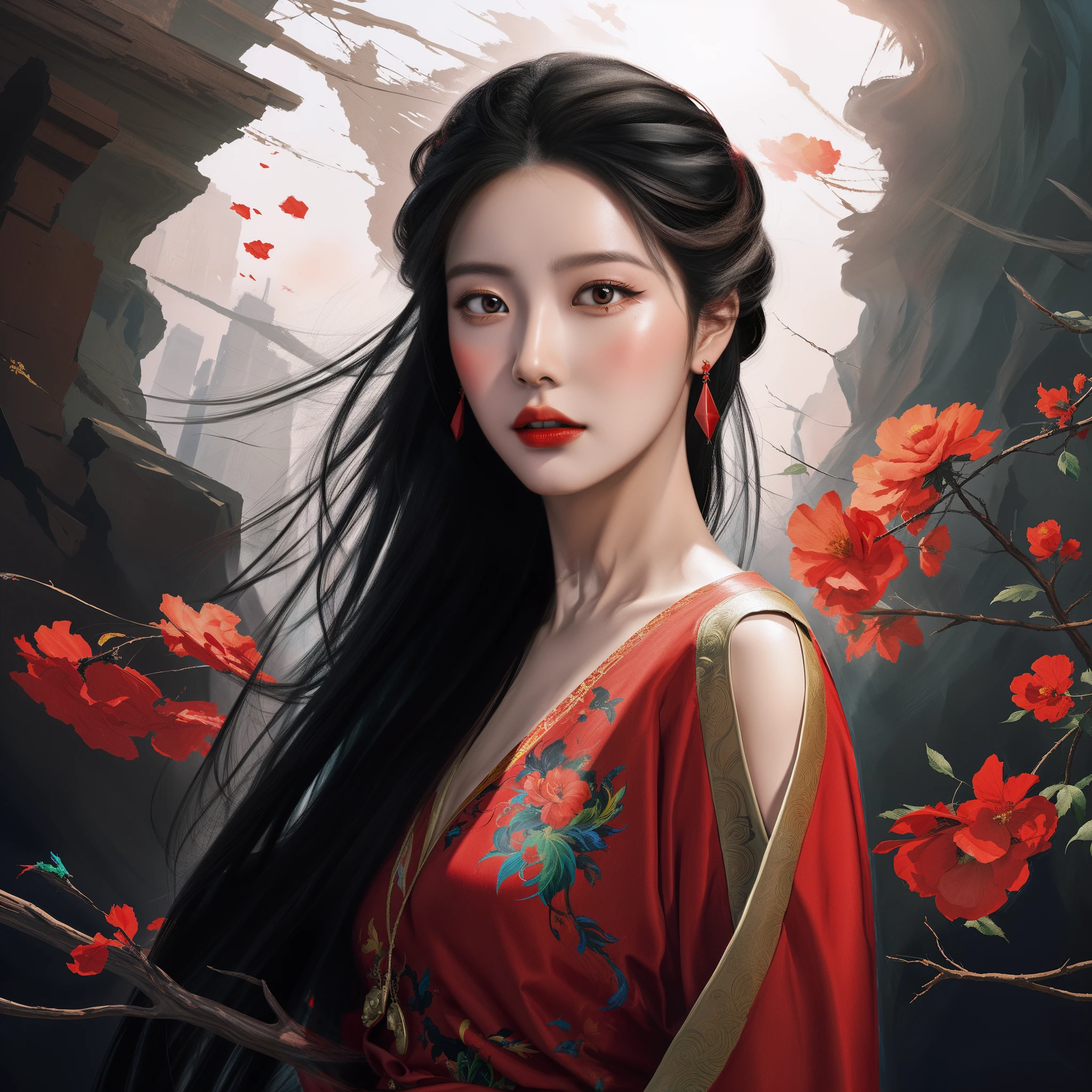 Draw a woman with long black hair and a red dress, Beautiful character ...