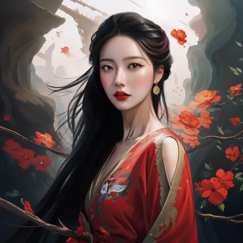 Draw a woman with long black hair and a red dress, Beautiful character painting, beautiful digital painting, Spastic Painting wind, By Li Song, by Yang J, Guviz-style artwork, Gorgeous digital painting, Beautiful digital artwork, beautiful fantasy art port...