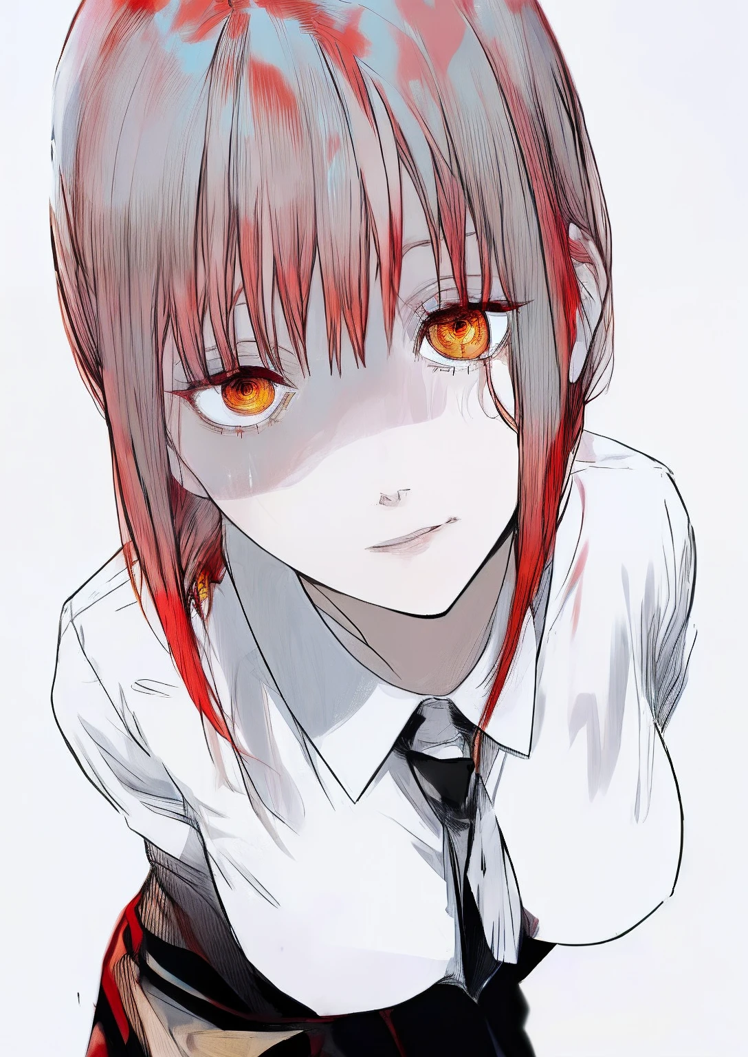 Anime girl with red hair and orange eyes in a white shirt - SeaArt AI