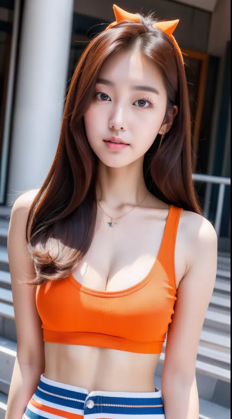 realistic photos of (1 cute Korean star), hair two side up, white skin, thin makeup, 32 inch breasts size, wearing orange striped crop top, sitting in front of the building, close-up, 16k