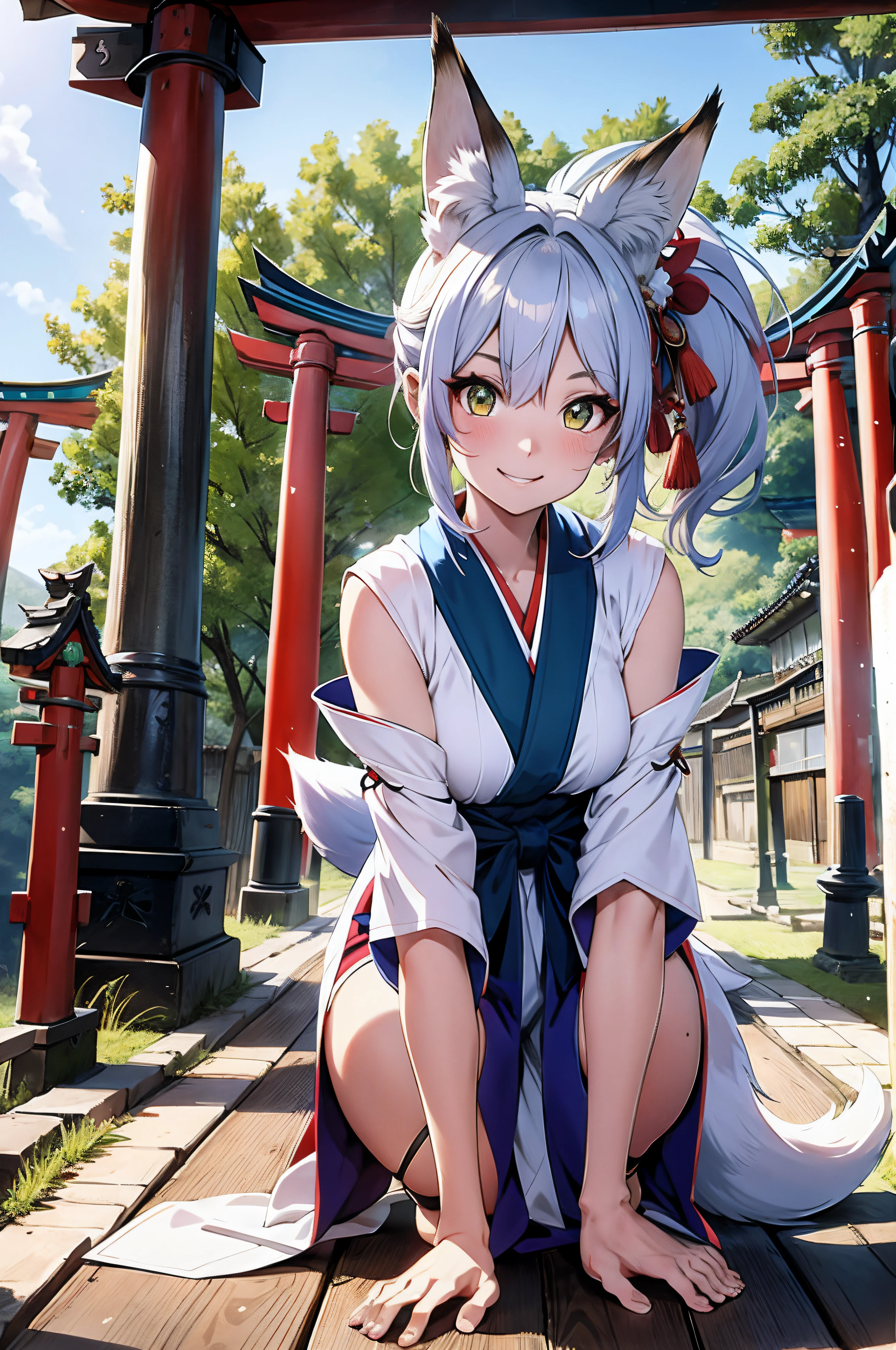 kitsune colorful hair fox ears, anime style big eyes, skin fair, divertida, Grinning, platter