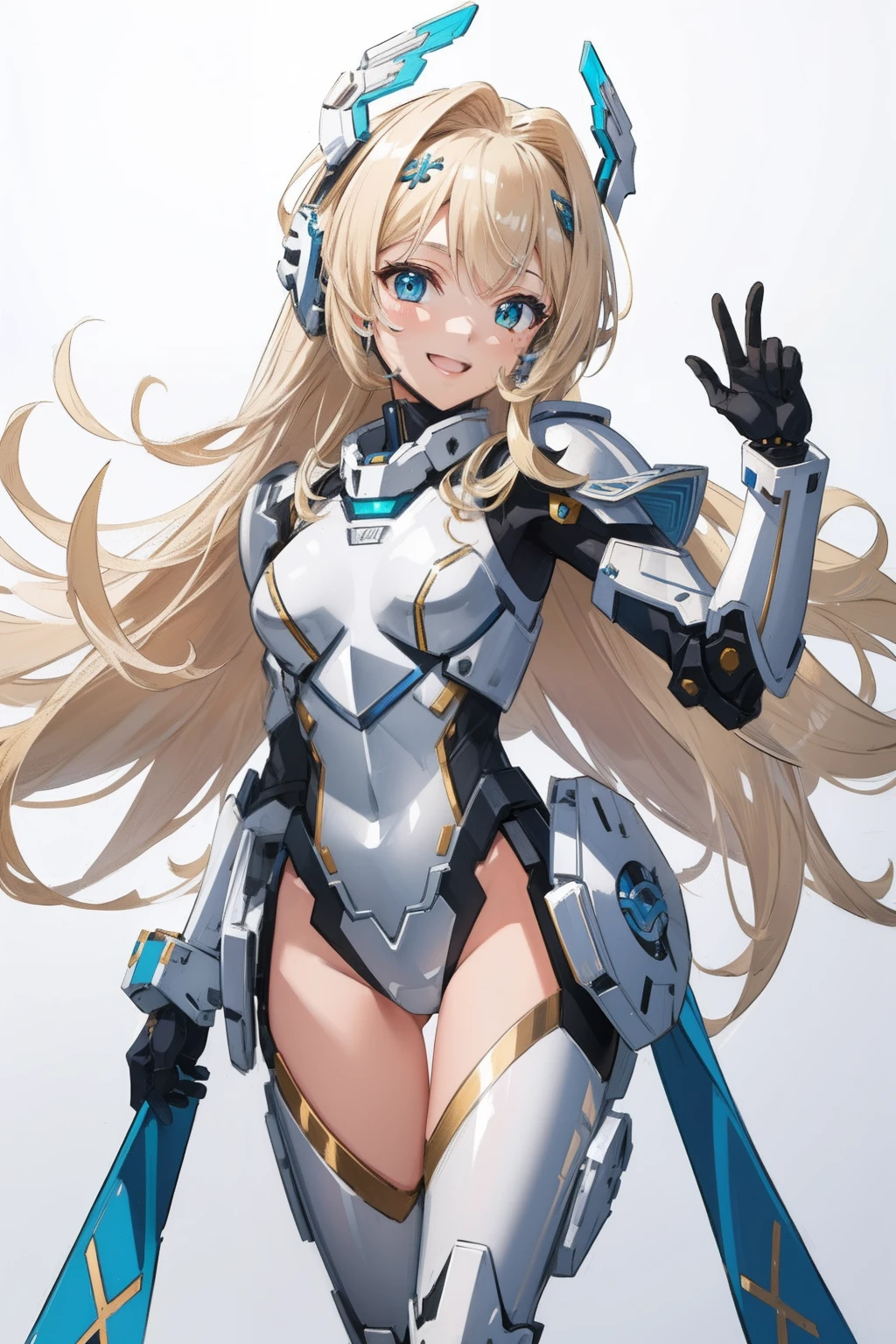 (​master piece, Best Quality),  Intricate details, valkyrie, kawaii, Happy smile, (((Laugh))), Hand up, Looking at Viewer, Feather Headgear, sea
1 girl, Solo, Portrait, Tentacle ash blonde hair, single thighhigh, Independent single sleeve, gloves,
 mecha musume, Droid, mechs, white bodysuit, silver reinforced suit, silver pantyhose, full armor,