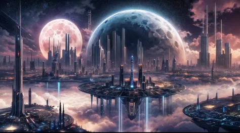 A beautiful shiny interstellar city in the clouds surrounded by clouds under a full moon| It is a stunning screensaver| The city...