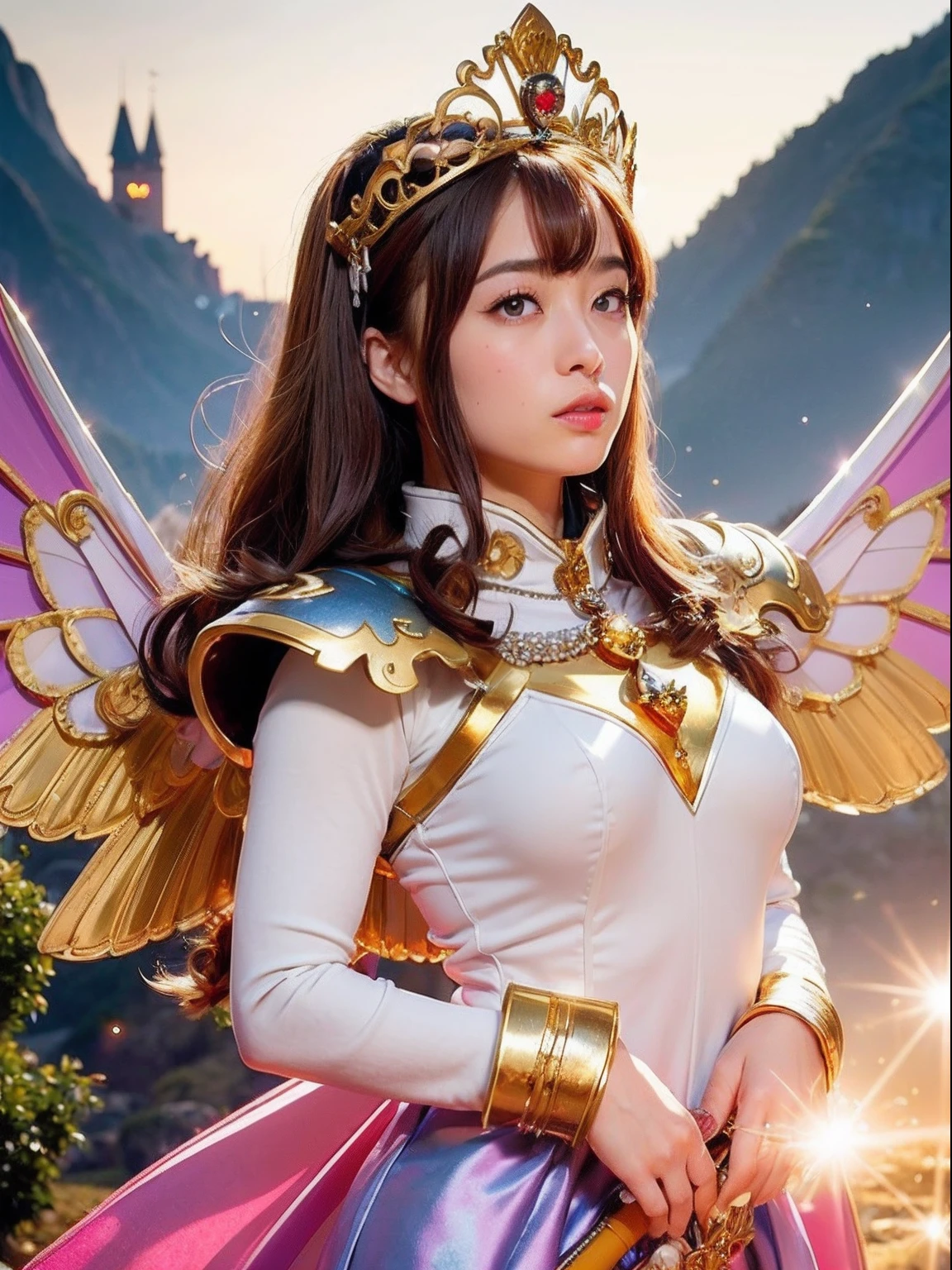 (masutepiece), Professional , ​masterpiece、top-quality、photos realistic , depth of fields （Gemstone Silver Metal Body:1.９),(Matt W White Pink、Jewel Gold Weapon、（Gorgeous castle background）、（ultimate beauty girl）、（Rainbow fairy wings grow）、Particles of light、（Metal body of iridescent gemstones:1.９),Gorgeous Jewel Metal Weapons , Detailed Sword of the Brave ,（ a blond）   ,warhammer 40k , adepta sororitas,Detail and ornate jewel crown、独奏、Brown hair、Mystical expression、（Gangle's forest background）、Beautiful Caucasian beauty、１a person、dynamic ungle,(((Diamond tiara with detail and luxury)))、a small face、Powerful poses、（Gorgeous castle background）、huge filesize、20 year old beautiful woman、Stand in the center of the screen、Thin female fingers、Straight long hair、Beautiful Caucasian beauty、（maikurobikini）、Hair fluttering in the wind、face forwards、Look at viewers、（Armpit）、Armpit、