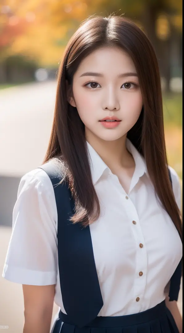 realistic photos of 1 cute Korean star, straight hair , white skin, thin makeup, 32 inch breasts size, wearing Thai school uniform, in fro of the school, in autumn, upper body portrait, Op art, UHD