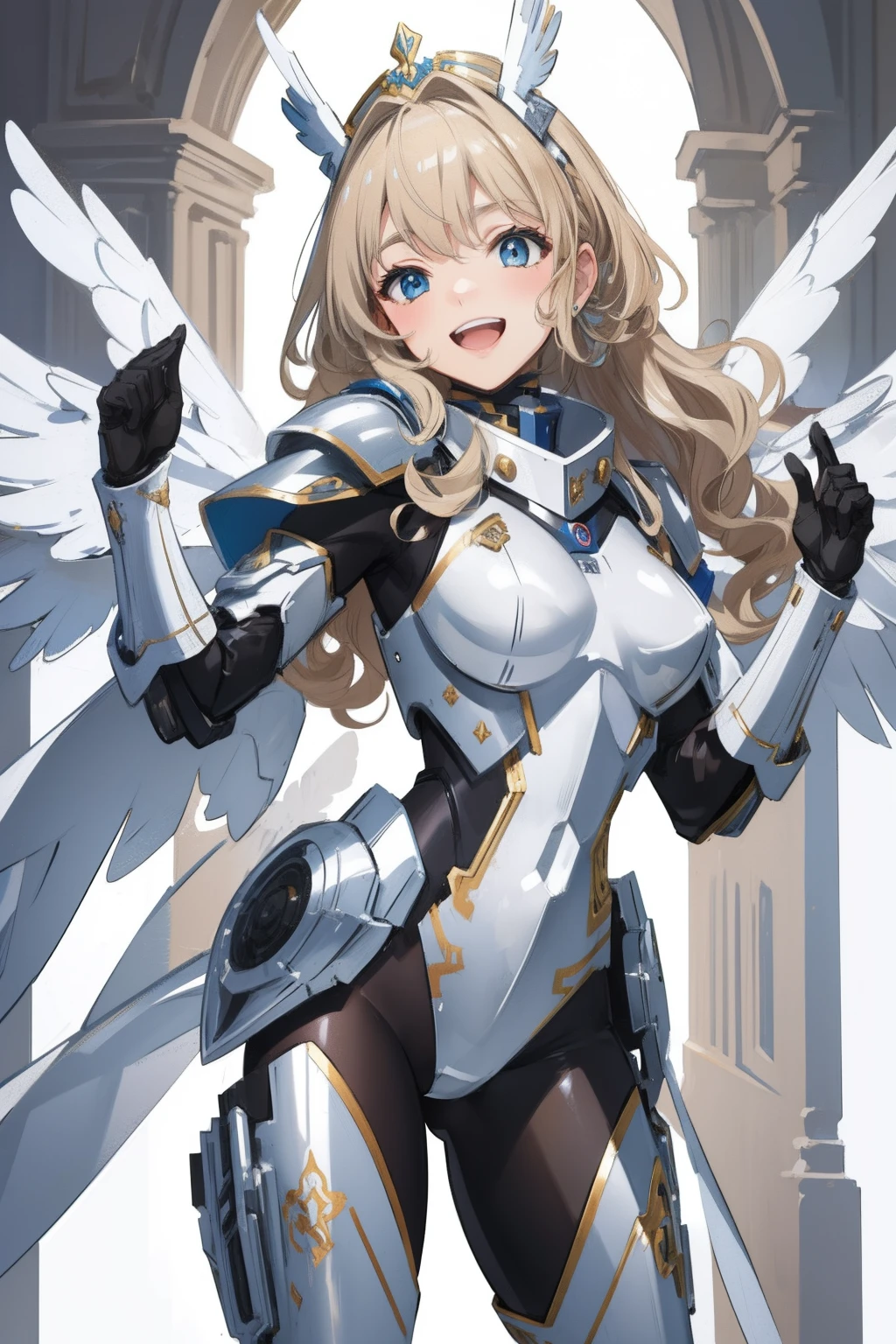 (​master piece, Best Quality),  Intricate details, valkyrie, kawaii, Happy smile, (((Laugh))), Hand up, Looking at Viewer, Feather Headgear, medieval style room,
1 girl, Solo, Portrait, curly ash blonde hair, single thighhigh, Independent single sleeve, gloves,
 mecha musume, Droid, mechs, white bodysuit, silver reinforced suit, silver pantyhose, full armor,