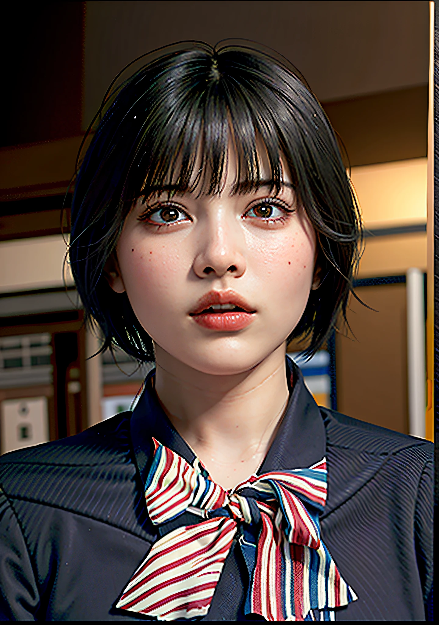 (best quality, masterpiece, intricate details:1.4),(high detail skin:1.2),(high detail face:1.2), (realistic, photo realistic:1.3), detailed skin, detail up, looking at viewer,(realistic:1.3),photorealistic,Full shot,
fullbody, a girl, hayashiruna, short salon hair, bangs, wearing a (flight attendant uniform), including a (shirt), walking in the airport terminal, busy travelers hurrying to their gates, many passengers passing by, (airport), (detailed terminal), (uniform), (shirt), (flight attendant), (very short hair), (reflection)