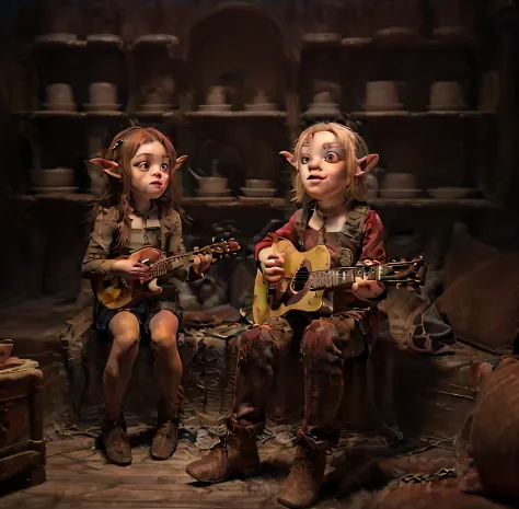 There are two goblins who are playing musical instruments together, Goblins, Elves sitting on the couch, DMT Machine Elves, Noss...