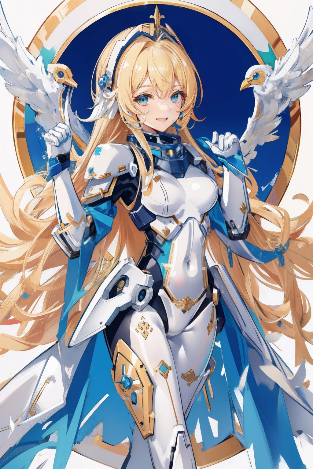 (​master piece, Best Quality),  Intricate details, valkyrie, kawaii, Happy smile, (((Laugh))), Hand up, Looking at Viewer, Feather Headgear, sea
1 girl, Solo, Portrait, Tentacle ash blonde hair, single thighhigh, Independent single sleeve, gloves,
 mecha musume, Droid, mechs, White bodysuit, Silver Reinforced Suit, silver pantyhose, full armor,
