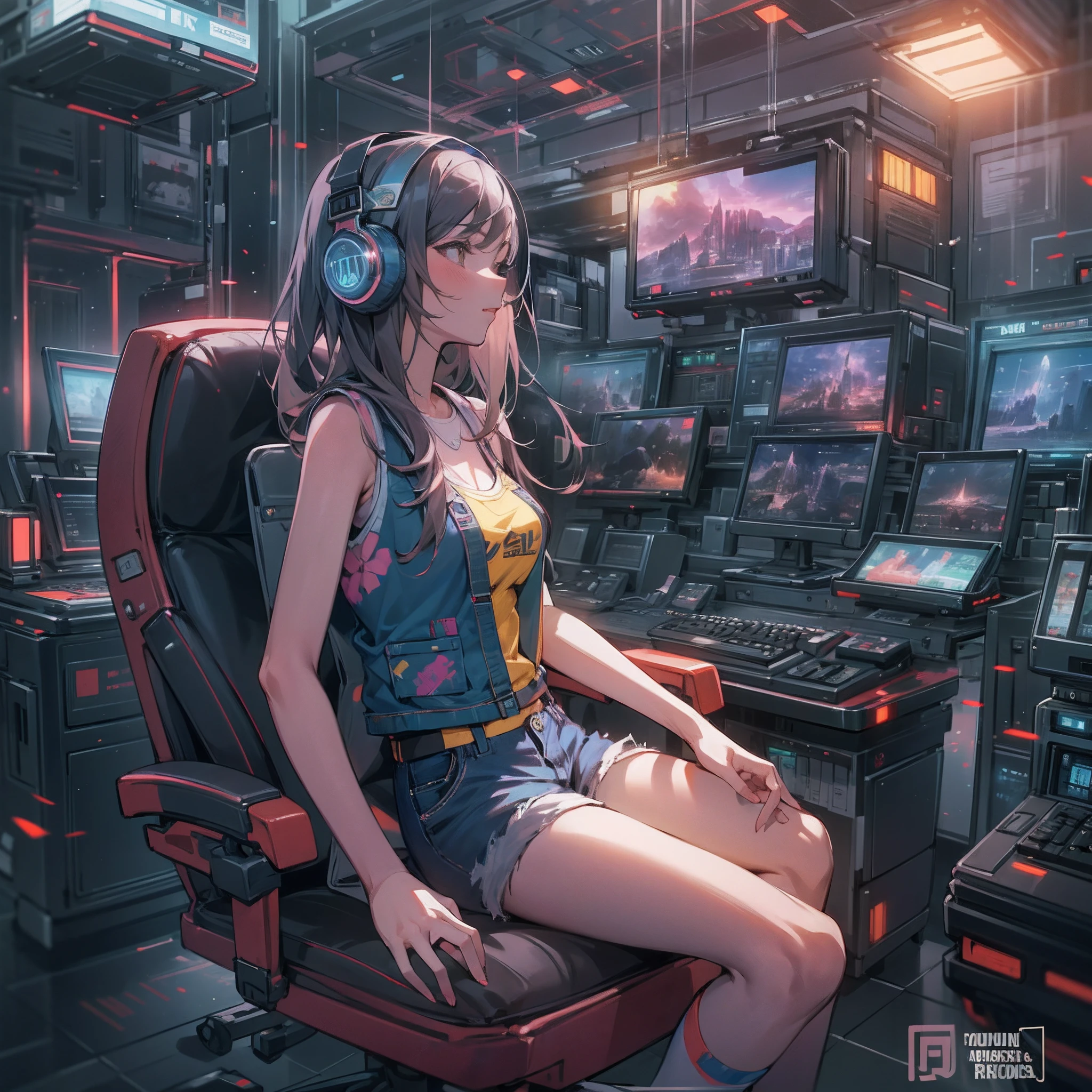 （（best qualtiy））， （（tmasterpiece））， （A detailed：1.4），（（full bodyesbian）），Enhanced dynamic perspective，Beautiful sexy esports girl，夏天，vests，denim short，athletic sneakers，with headphones on，Hold the keyboard，Come to me，Future sci-fi city street，Street photography，Bright colors，dream magical，optic，high qulity，super-fine，Detailed pubic hair，Accurate，Cinematic lighting，OC renderer