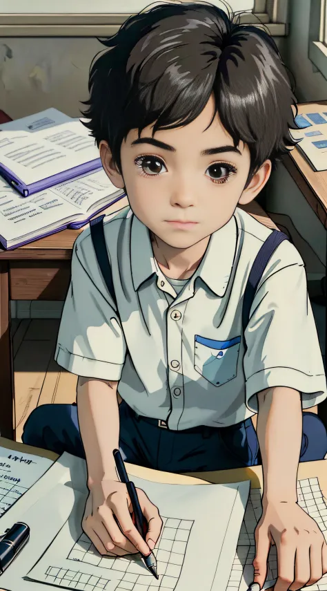 1 cute 10 year old boy,short detailed hair，Sit at the desk，holding pencil，Write your homework carefully，Ray tracing，movie pictur...