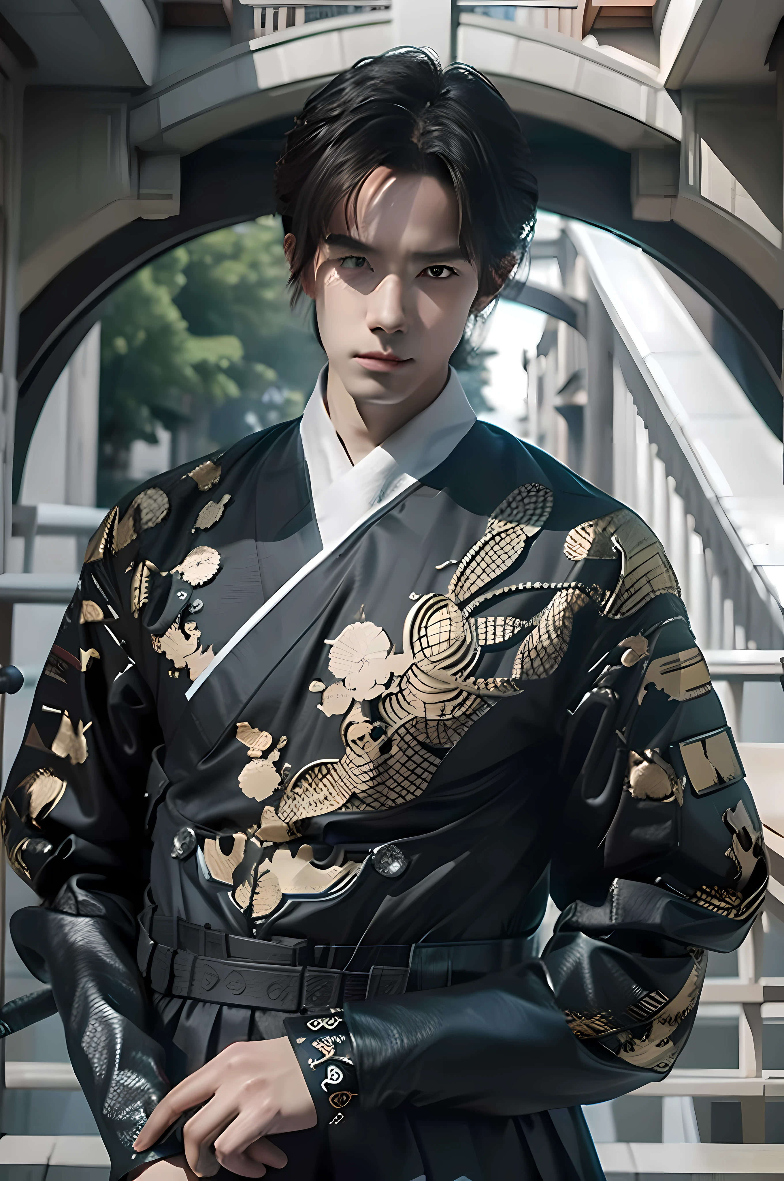 1 man, 26 year old, Sword in hand, Hanfu flying fish suit, Ruins of ancient buildings, ultra - detailed, A high resolution, The is very detailed, best qualtiy, tmasterpiece, Heterochromia, hair over shoulders, Lonely, surrealism, Cinematic lighting, Textured skin, Best quality, High quality, Masterpiece, hyper HD, A high resolution