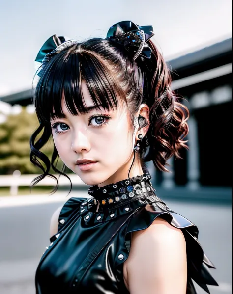 Raw photography、Surreal photo of twin-tailed Japan girl Yui Metal in a black dress in a rainbow sequin costume shimmering in lig...