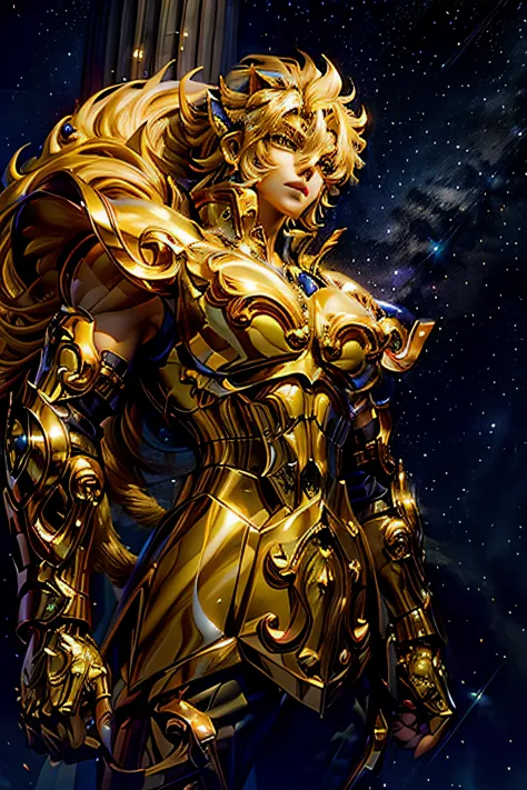 （tmasterpiece，hoang lap，high qulity，best qualtiy，Hyper-detailing，big breasts beautiful）,Magical golden Leo: Anthropomorphic representation of the magical golden Leo.
Yellow-haired people: A woman with bright yellow hair, Exudes a captivating aura.
Lion com...