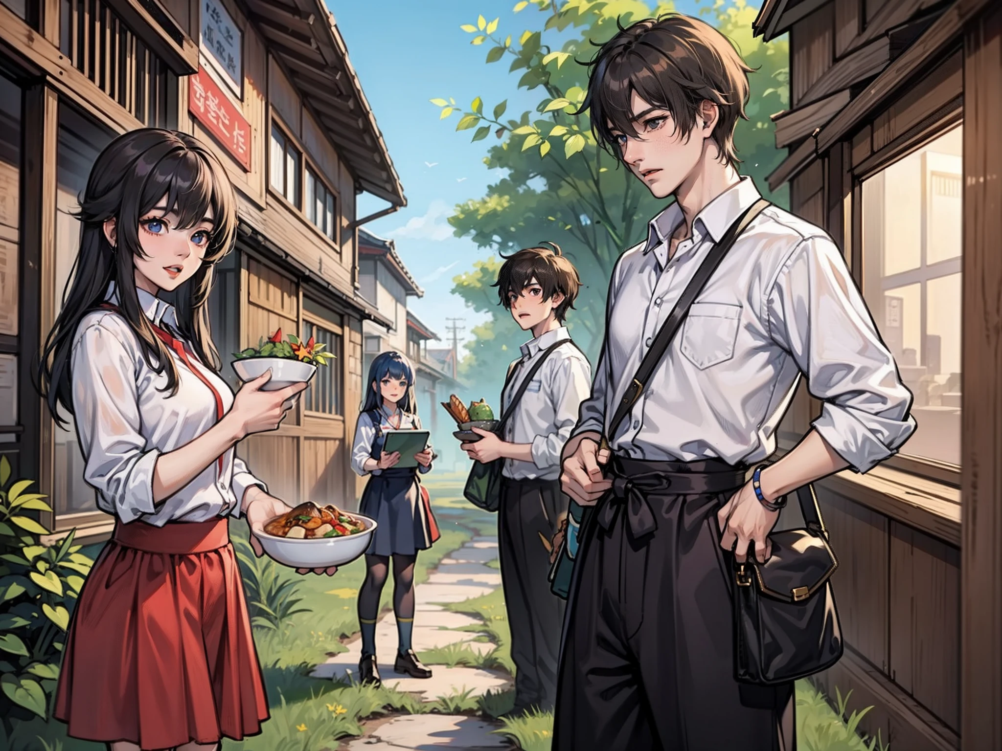 Anime characters standing in a village with a woman holding a plate of food  - SeaArt AI