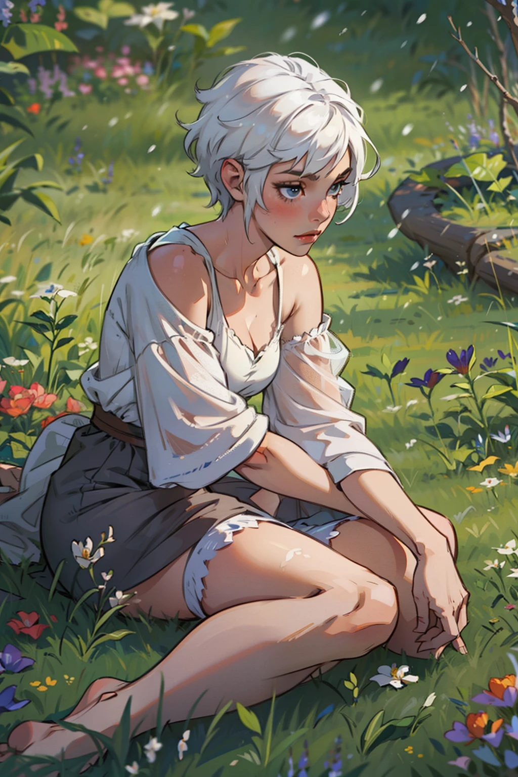 ((beautiful female character)), short snow white hair, sitting on the grass, lean body, feminine curves.