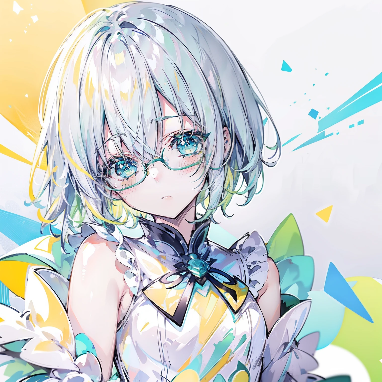 pastel green，short yellow hair，Fluorescent milky white，Blue-yellow pupils，Black thin-rimmed glasses，Yellow, Green and white clothes，Super nice looking, Especially cute and cute childish loli