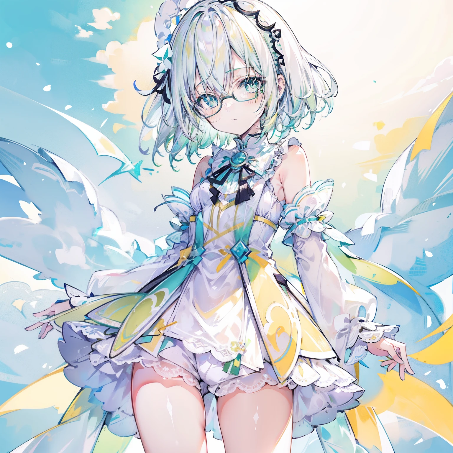 pastel green，short yellow hair，Fluorescent milky white，Blue-yellow pupils，Black thin-rimmed glasses，Yellow, Green and white clothes，Super nice looking, Especially cute and cute childish loli