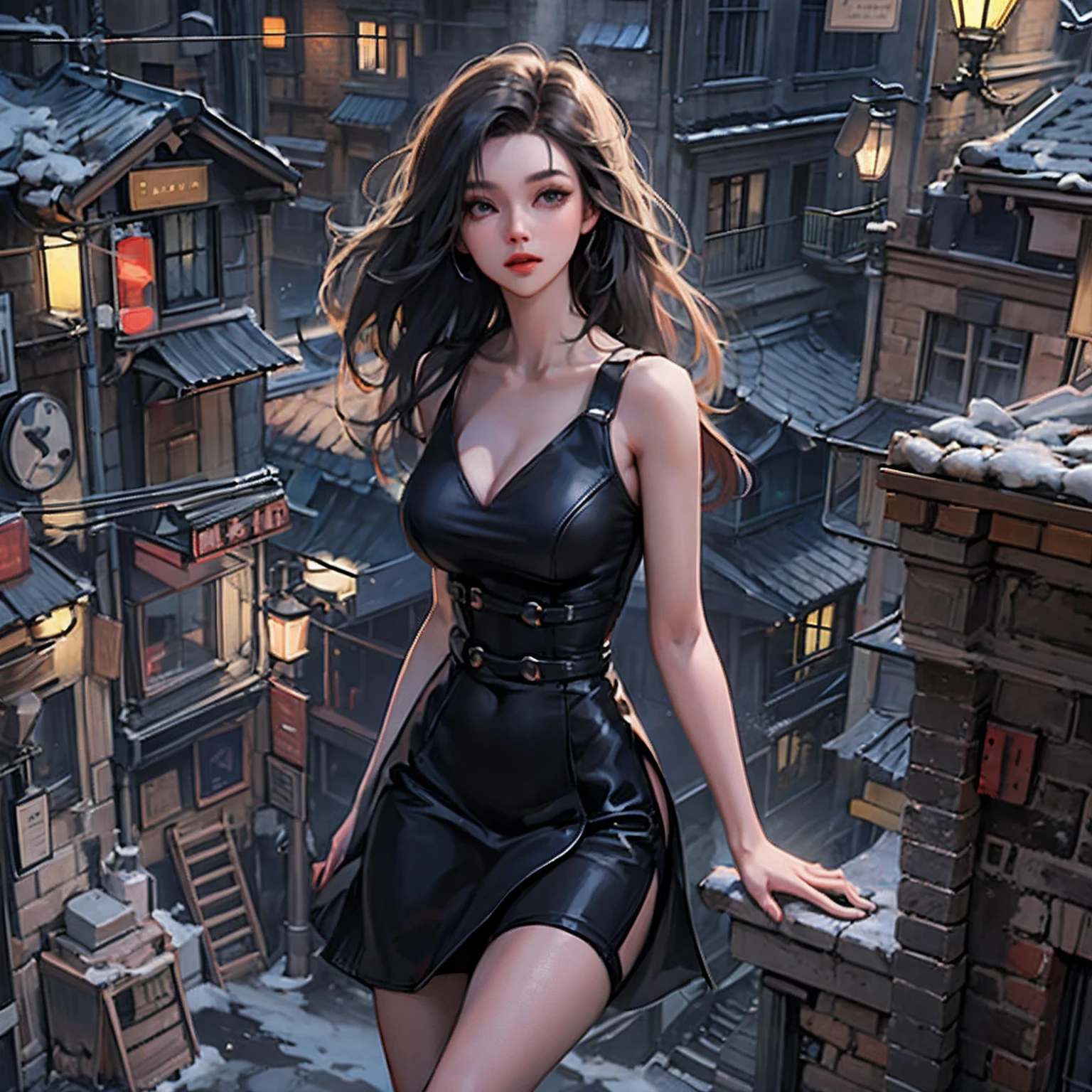 1 tall girl，Full body photo，Stand in a small alley，校服，Very short mini skirt，Big breasts，black lence stockings，stiletto，(Long legs:2.0),Extremely tall girl，Above the house，Beautiful looks，Delicatemakeup，Perfect lighting，Cinematic quality，8K,High quality,(a giantess:1.5),Photos from a top-down perspective