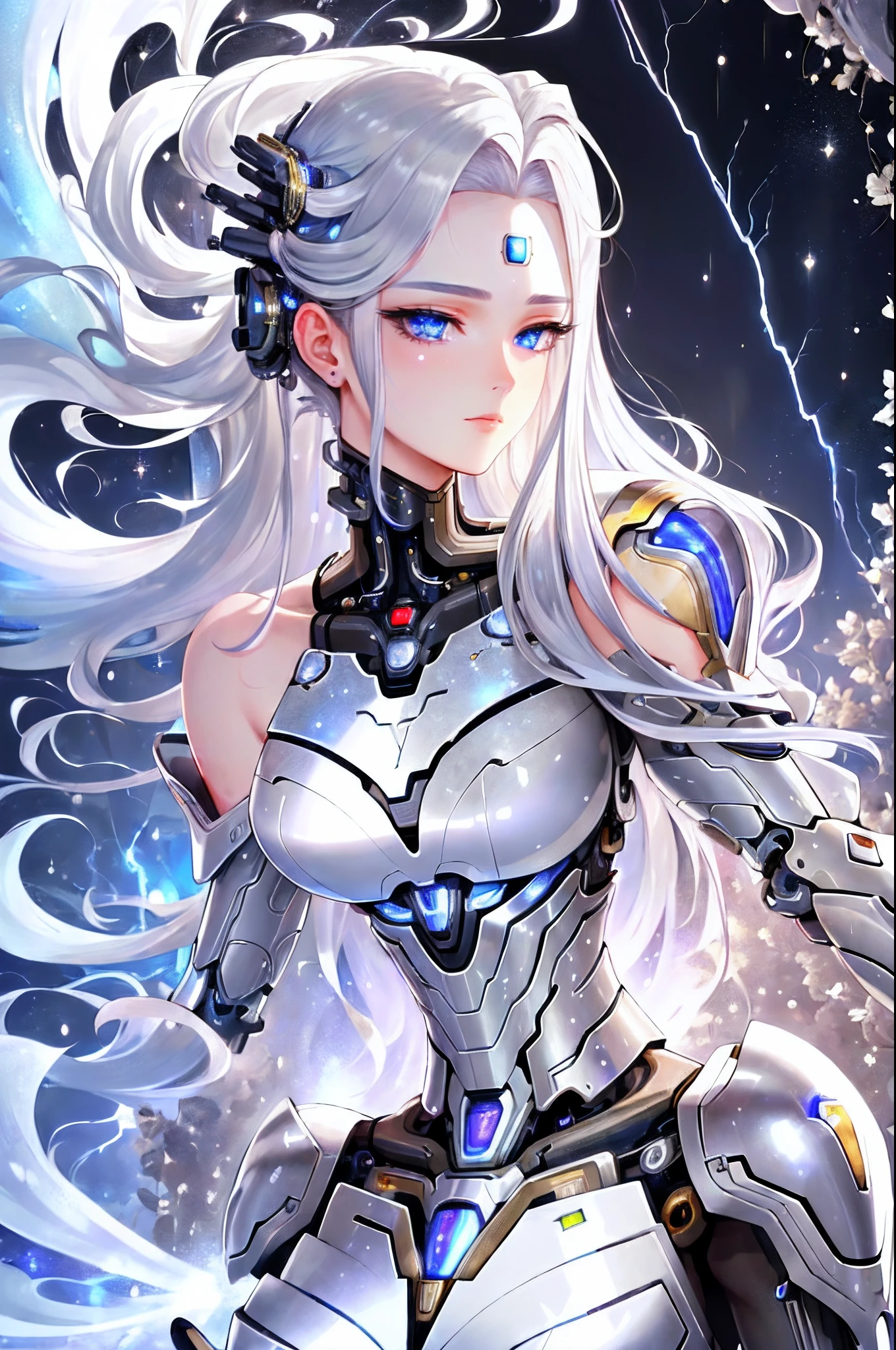 (Masterpiece), (best quality), 8k portrait of beautiful cyborg with silver hair, intricate, elegant, highly detailed, majestic, digital photography, floating droplets, mist, lightning, (masterpiece, finely detailed beautiful eyes: 1.2),