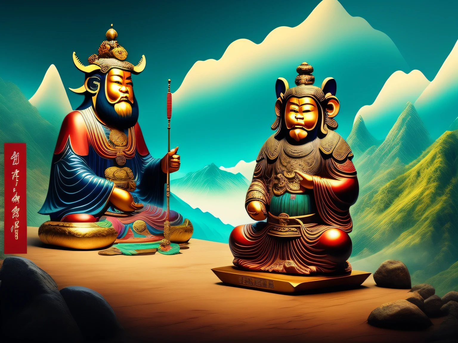 山前岩石上坐著兩尊亞洲神的雕像- SeaArt AI