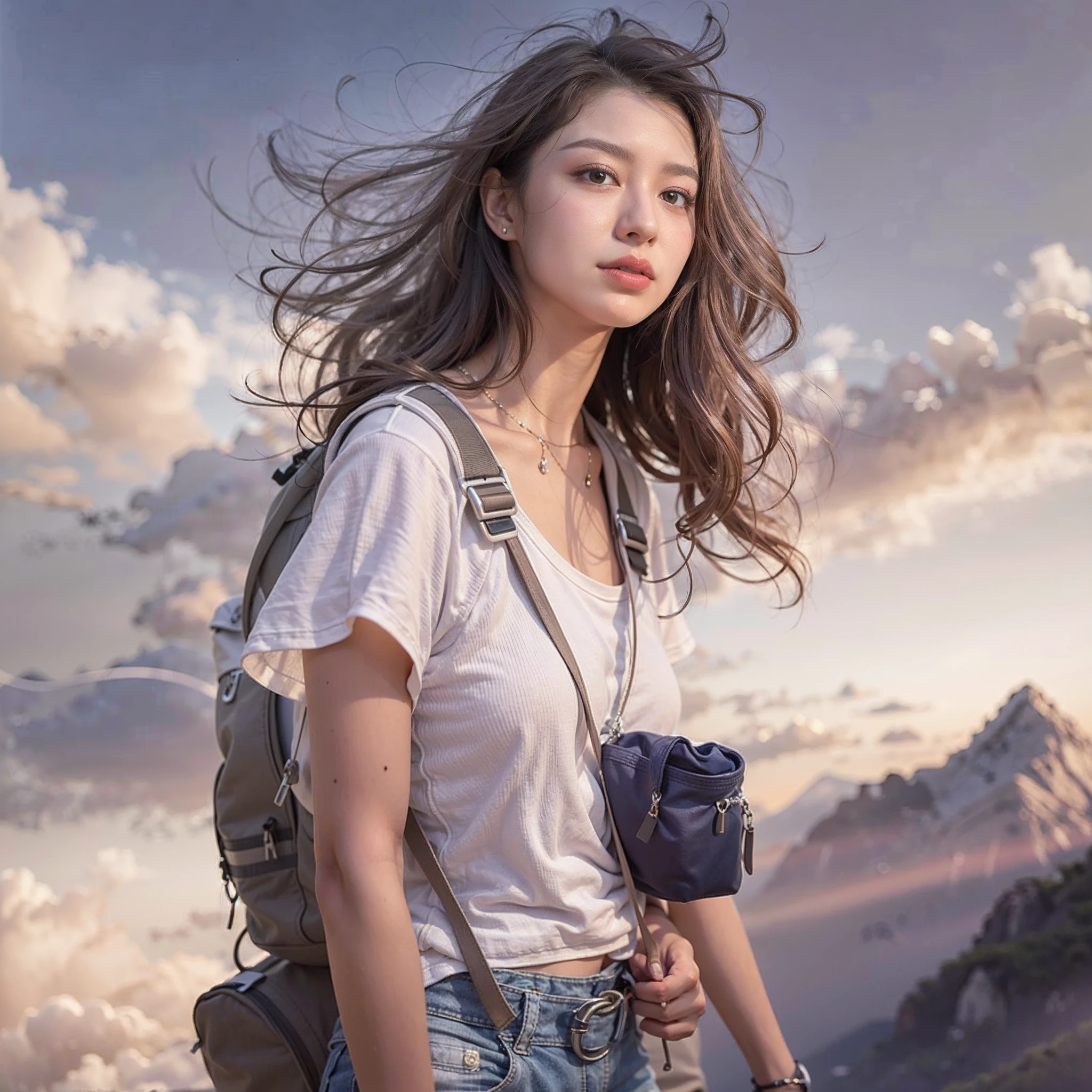 (Best quality, hyper realistic photography), Magnificent peaks, Sea of clouds, A woman watching the sunset, self-shot, ((Upper body)), White T-Shirts, Hiking shorts, trekking boots, rucksack,  (Super delicate face, Super beautiful production, hyper detail eyes, Super delicate nose, Super delicate mouth, Ultra-detailed facial features), Beautuful Women, 18yr old