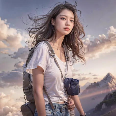 (Best quality, hyper realistic photography), Magnificent peaks, Sea of clouds, A woman watching the sunset, self-shot, ((Upper b...