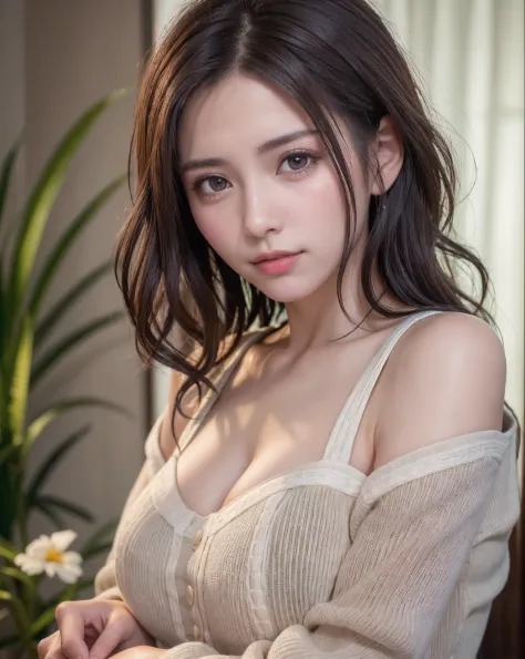 Night, RAW Photography, (((Very Beautiful Portrait))), (Very Beautiful Portrait))), 1 Girl, Sexy 25 Year Old Girl, ((Natural Brown Hair with Short Cuts)), [Brown Eyes],Gentle Smile Staring at the Camera(cleavage), ((Masterpiece, Best Quality, Ultra Detail,...