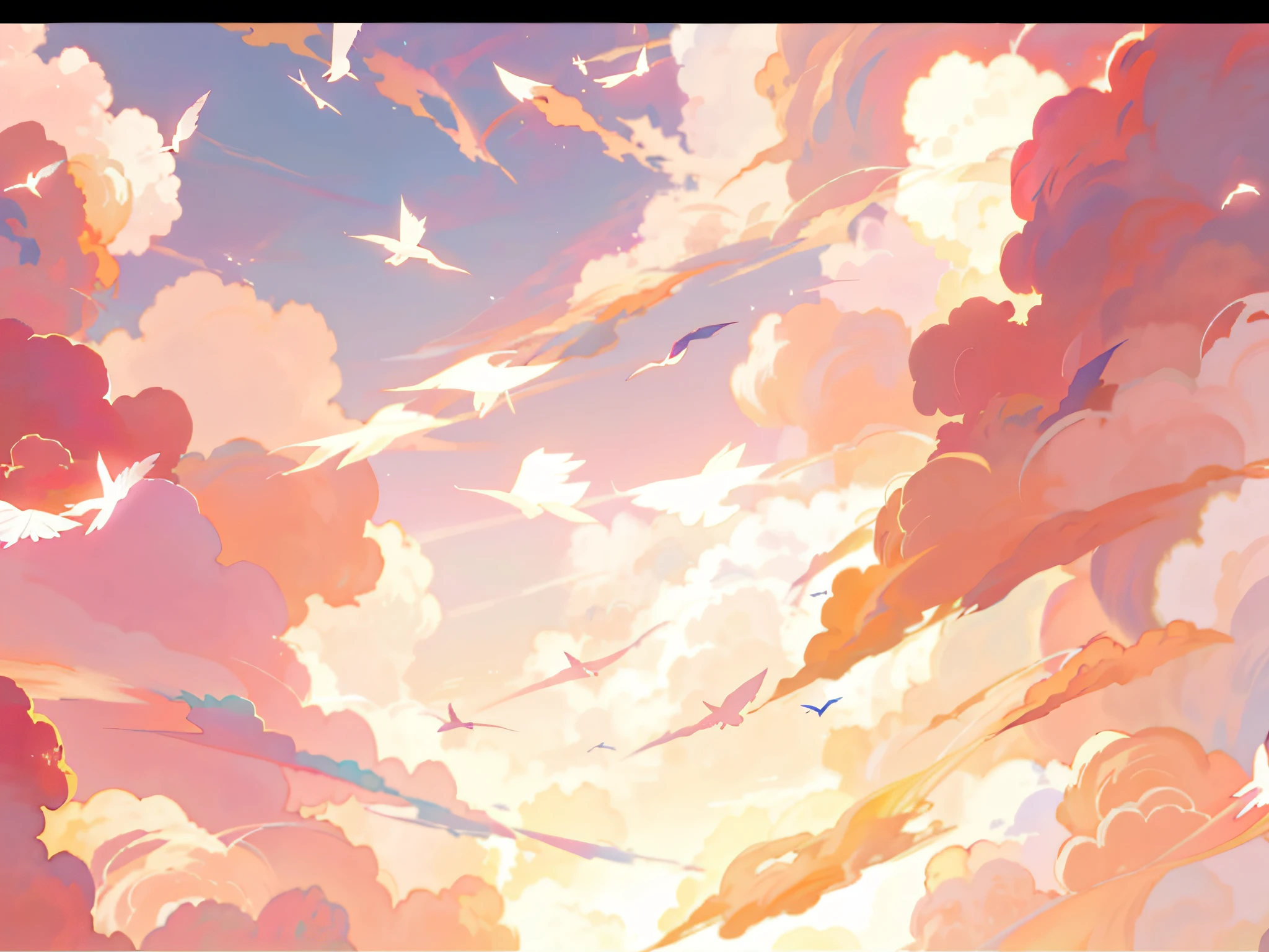 Anime - Beautiful sky with a flock of birds flying in the sky style ...