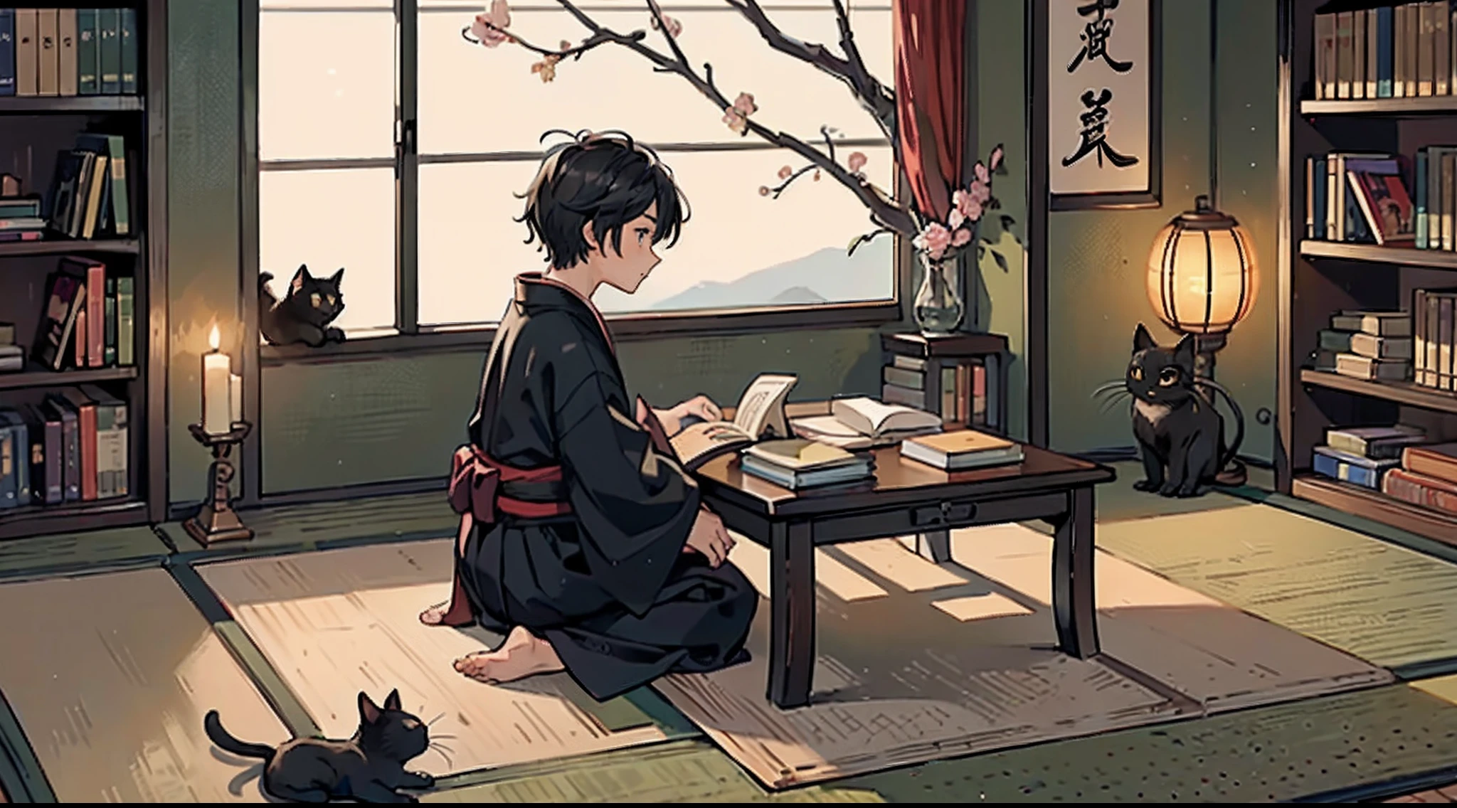 #Quality (intricate-detail、ultra-detailliert:1.2,Masterpiece),
#night sky (darkness of night,no light),
#one writing boy (16 male、writer,Honor Students、A dark-haired、short-hair、hakama,sit flat),
#black room at night (no light,black cat,books on desk,one candle,pretty tatami,a lot of books,bookshelf)