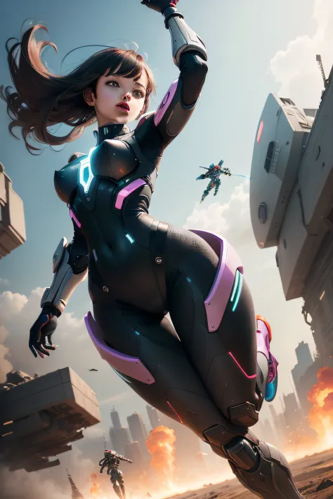 A lively, imaginative image of a girl in a mech suit, leaping gracefully across a futuristic battlefield. The girl's vibrant, vibrant color scheme contrasts with the muted, mechanical aesthetic of the suit. The vibrant colors and intricate details in the suit contrast beautifully with the sleek, futuristic design of the mech. The background features a wide-angle lens, emphasizing the dynamic nature of the scene. wide aperture, HDR, telephoto lens