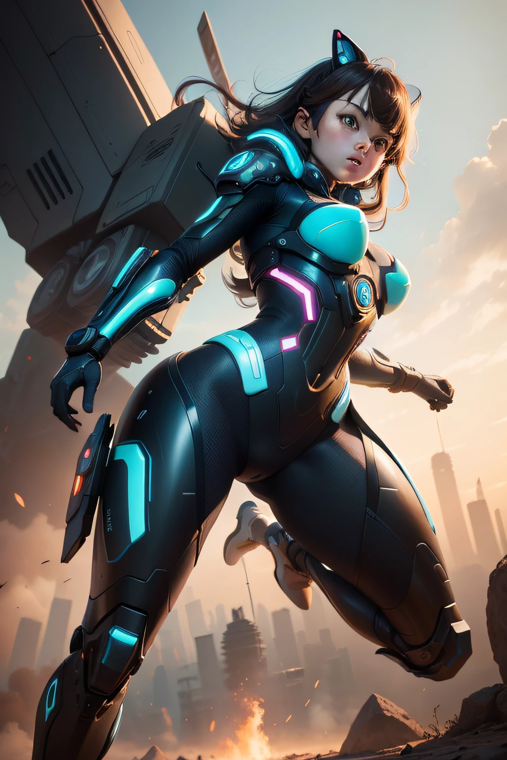 A lively, imaginative image of a girl in a mech suit, leaping gracefully across a futuristic battlefield. The girl's vibrant, vibrant color scheme contrasts with the muted, mechanical aesthetic of the suit. The vibrant colors and intricate details in the suit contrast beautifully with the sleek, futuristic design of the mech. The background features a wide-angle lens, emphasizing the dynamic nature of the scene. wide aperture, HDR, telephoto lens