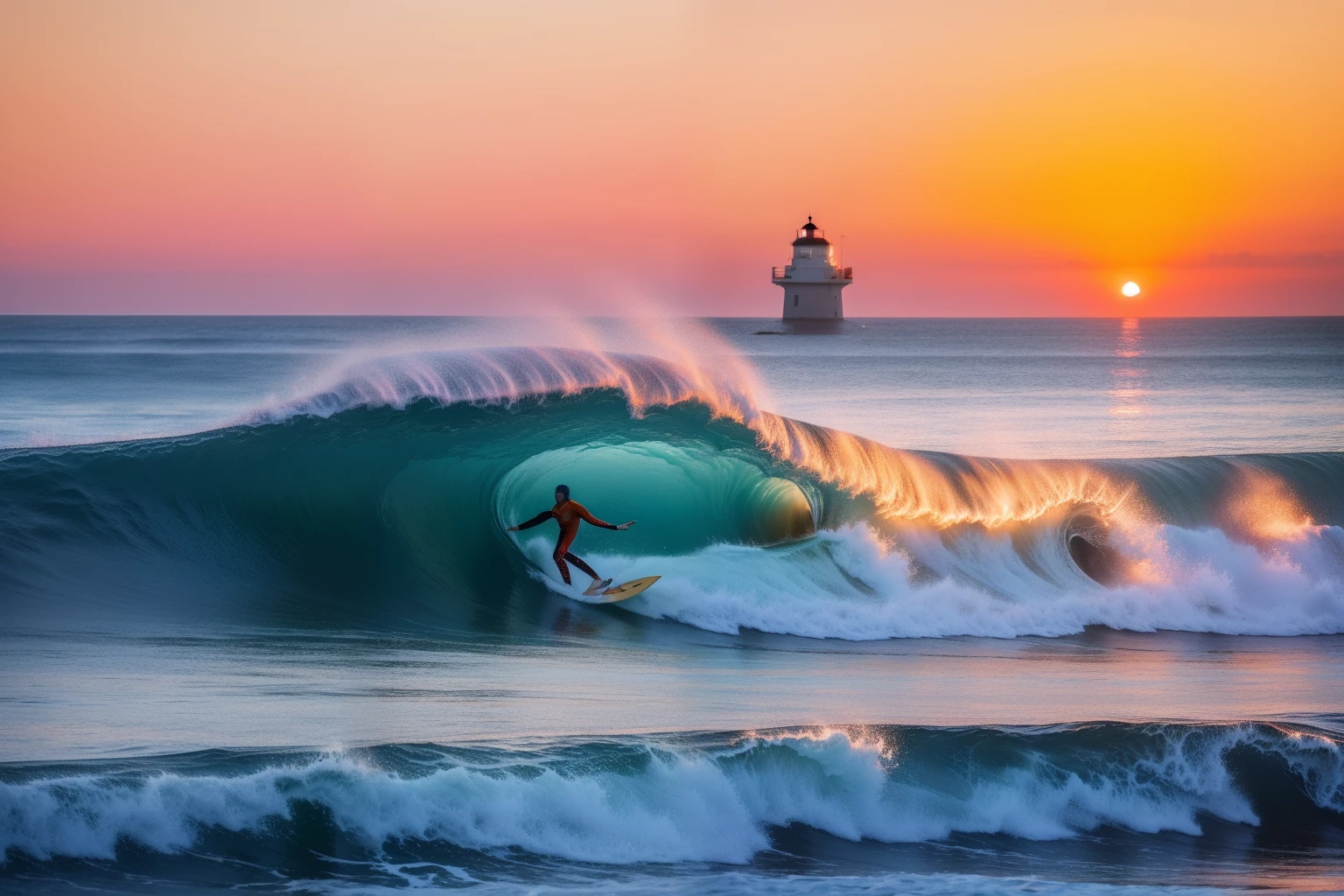 coucher de soleil tardif，Dans une baie，De grandes vagues déferlent，Les surfeurs sont vêtus de survêtements orange，Percez le trou dans la vague，Phare au loin