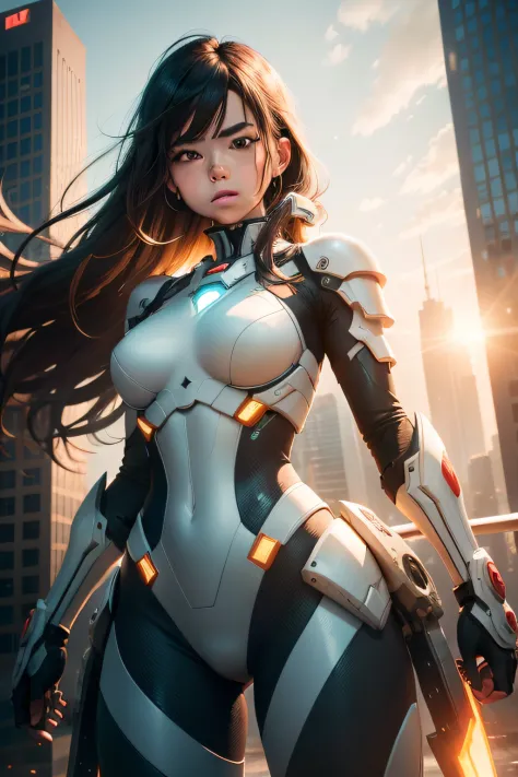 A captivating image of a beautiful, energetic girl standing proudly on a skyscraper rooftop, surrounded by her futuristic, mecha-inspired suit. She wields a large, powerful sword and poses confidently as she gestures with her eyes. The vibrant colors and details of the suit create a visually stunning contrast to the urban landscape below. The vibrant, bokeh effect of the sun casts a warm glow on the scene, and the background is blurred to create a soft, soft focus. wide aperture Ridgeline lens, fast shutter speed, golden hour lighting