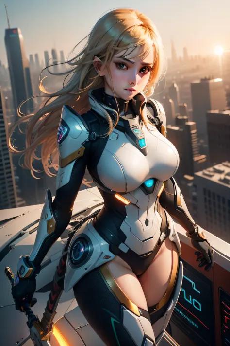 A captivating image of a beautiful, energetic girl standing proudly on a skyscraper rooftop, surrounded by her futuristic, mecha-inspired suit. She wields a large, powerful sword and poses confidently as she gestures with her eyes. The vibrant colors and details of the suit create a visually stunning contrast to the urban landscape below. The vibrant, bokeh effect of the sun casts a warm glow on the scene, and the background is blurred to create a soft, soft focus. wide aperture Ridgeline lens, fast shutter speed, golden hour lighting