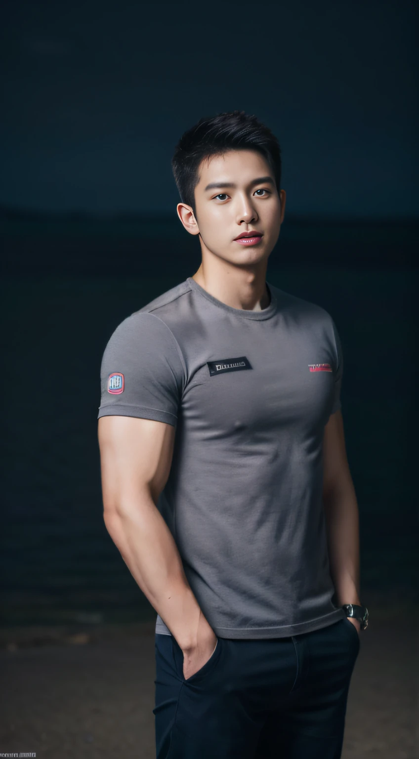 Firefighter in his 20s，with short black hair， Wear a navy shirt, High-res, tmasterpiece, best qualtiy, Head:1.3,((Hasselblad photograp)), Fine fine skin, Clear focus, (Cinematic lighting), during night, Gentle lighting, dynamic angle, [:(Detailed face:1.2):0.2],(((Exercise))), sport, The arm muscles are very large, Hands in the crotch.