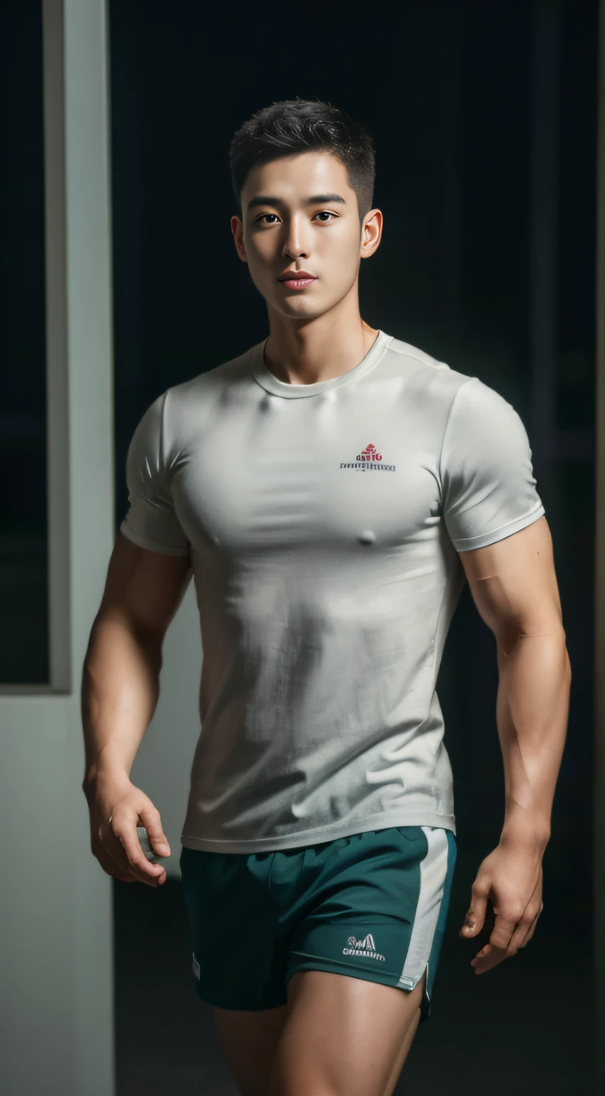 Firefighter in his 20s，with short black hair， Wear green training clothes、blue short pants, High-res, tmasterpiece, best qualtiy, Head:1.3,((Hasselblad photograp)), Fine fine skin, Clear focus, (Cinematic lighting), during night, Gentle lighting, dynamic angle, [:(Detailed face:1.2):0.2],(((Exercise))), sport, The arm muscles are very large, Hands in the crotch.