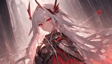 A teenage girl，White hair and red eyes，long whitr hair，Original Character、fantasy concept art、Best shadow、shallowdepthoffield、Portrait of a noble knight、Dignified、Sad expression，streaming tears，Sophisticated tactical heavy armor、Tassel waistband、Hand Guard...