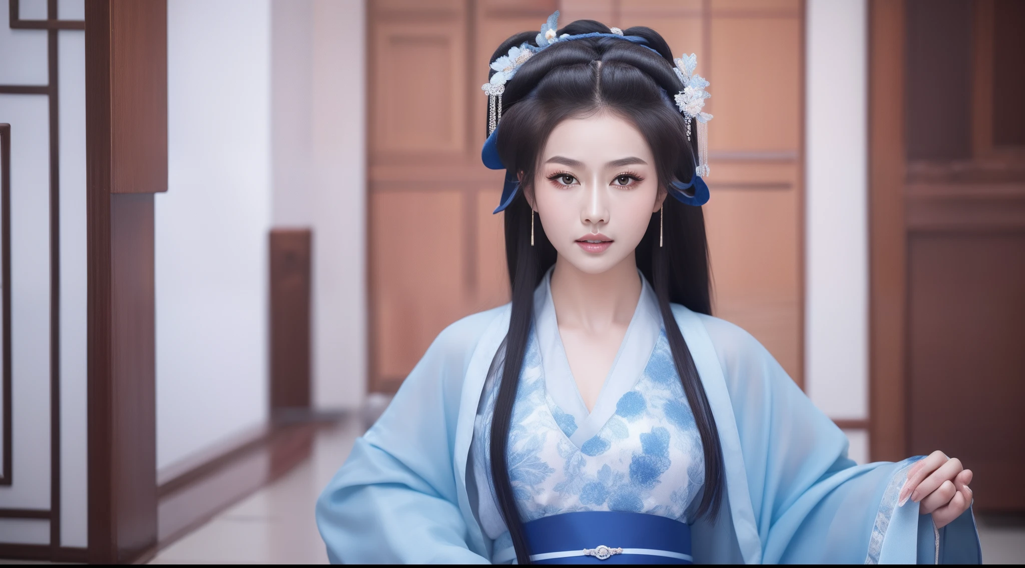 Blue and white porcelain style，Ancient Chinese clothing，ancient china art style，Fashion model 18 years old [[[[closeup cleavage]]]], [[[[boobgasm]]]], [[[[coll]]]], [[[[bshoulders]]]], perfect  eyes, Perfect iris，Perfect lips，perfect teeth，Perfect skin，with fair skin，Soft front light，hdr，Movie girl，long whitr hair，The expression was melancholy，4K Ultra HD, 超高分辨率, (Photorealistic: 1.4), Best quality，Masterpiece，Utra dilution，（pastel colour：1.2）