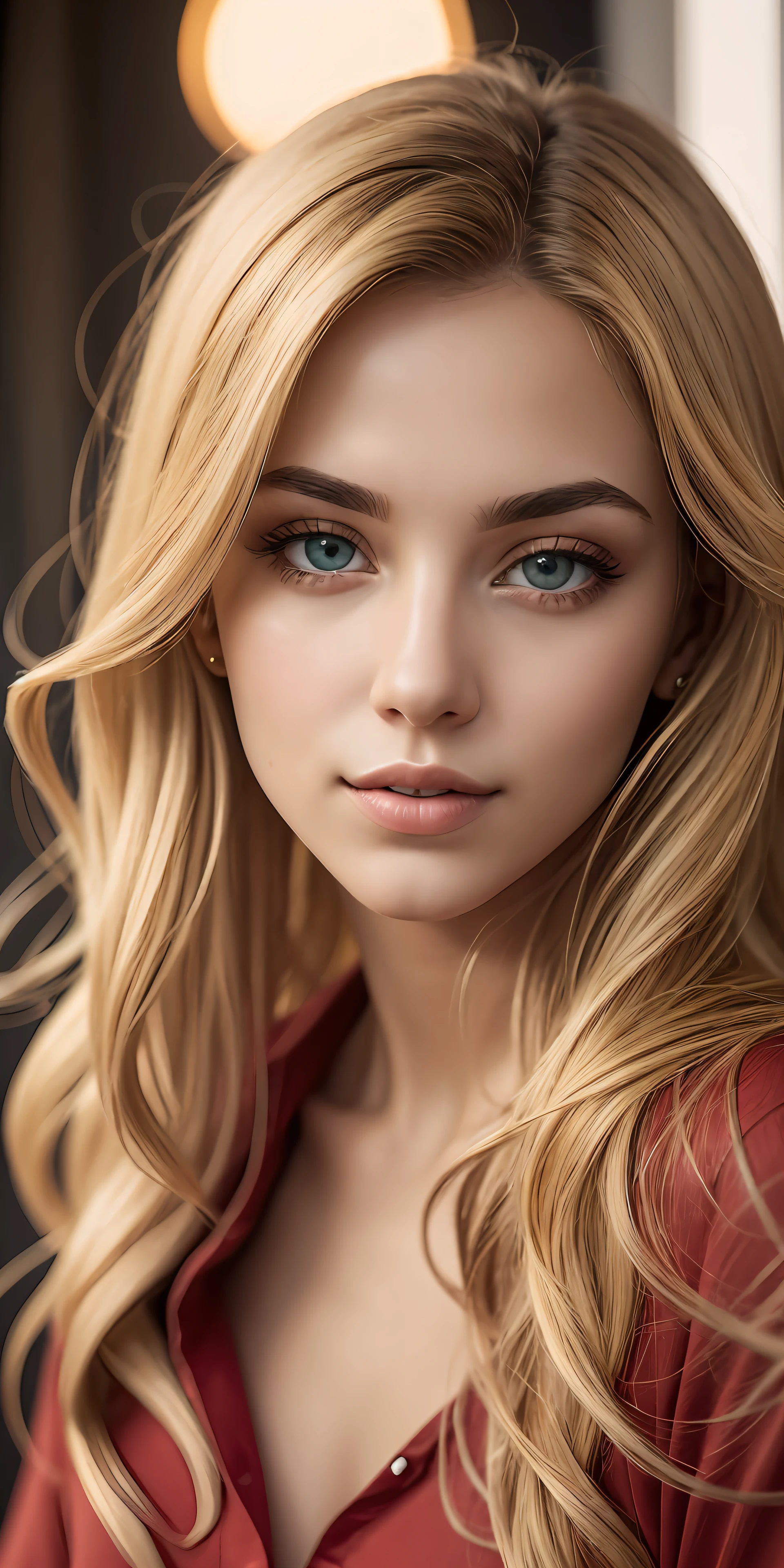 A woman with long blonde hair and blue eyes posing for a picture - SeaArt AI