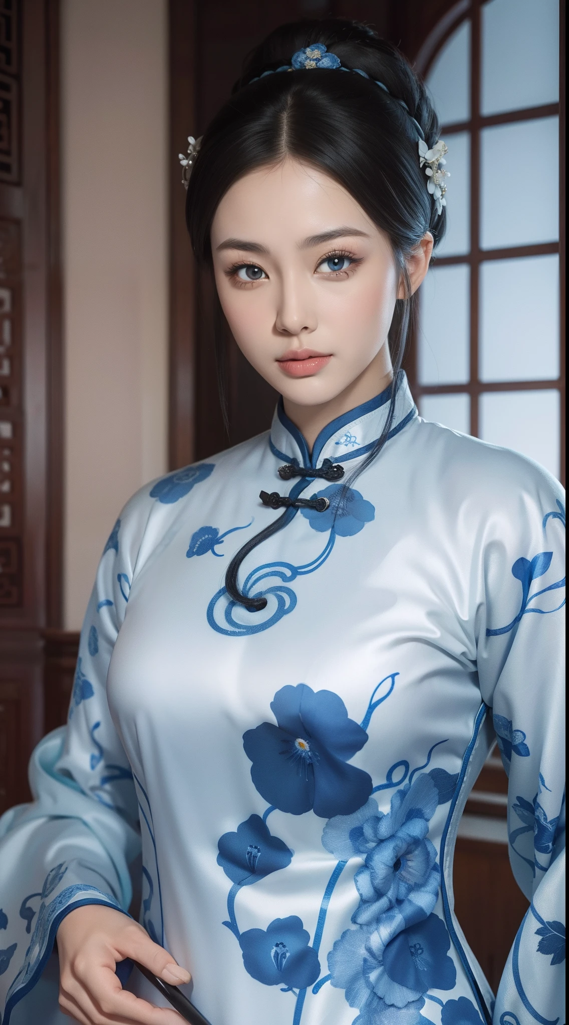 Blue and white porcelain style，China Cheongsam，The cheongsam is decorated with a blue and white pattern，ancient china art style，Fashion model 18 years old [[[[closeup cleavage]]]], [[[[boobgasm]]]], [[[[coll]]]], [[[[bshoulders]]]], perfect  eyes, Perfect iris，Perfect lips，perfect teeth，Perfect skin，with fair skin，Soft front light，hdr，Movie girl，The expression was melancholy，The background is an ancient Chinese interior，blue flowers，4K Ultra HD, 超高分辨率, (Photorealistic: 1.4), Best quality，Masterpiece，Utra dilution，（pastel colour：1.2）