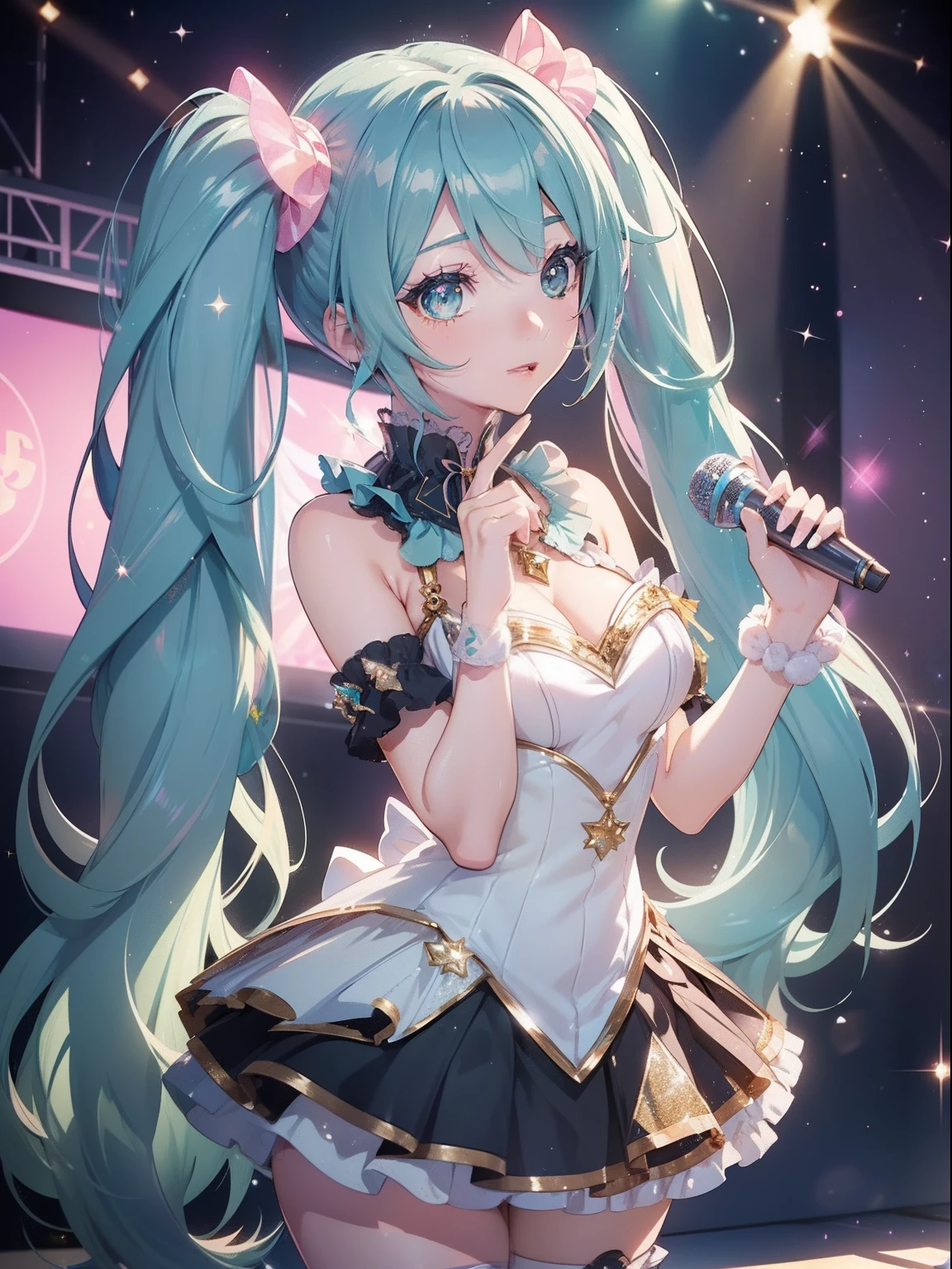 masutepiece, High resolution, 8K, anime woman, Delicate and detailed writing 、Detailed digital illustration、Very long hair and shiny、Bangs、a very beautiful woman、Eyes are double, Large, Bust is D cup、High image quality, High quality、Detailed background、(((Wearing idol clothes)))、((Glittering live stage backdrop))、The inside of the eye shines like a diamond、Pale light blue hair、Gradient pupil、(((2 arms、4 fingers, 1 thumb)))、Detailed female face、Very beautiful and cute woman、、细致背景、​masterpiece、Soft Focus , Bright gradient watercolor , Lens Flare , (((Glitter))) , Glow , Dreamy , (((Holding a glitter microphone in your hand)))、a miniskirt、Idol、((miku hatsune))、(((Pigtails)))