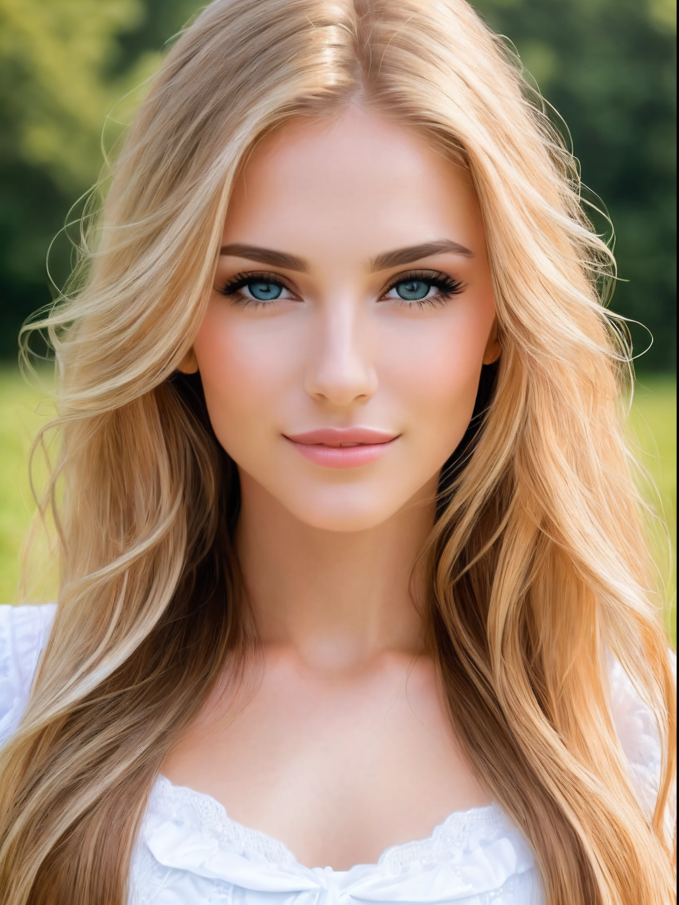 A woman with long blonde hair and blue eyes posing for a picture - SeaArt AI