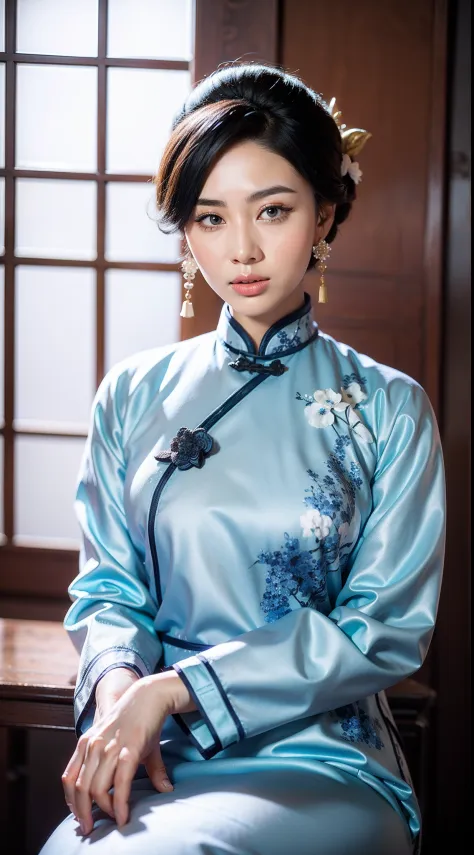 blue and white porcelain style，chinese white cheongsam，the cheongsam is decorated with a blue and white pattern，ancient china ar...