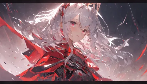 A teenage girl，White hair and red eyes，long whitr hair，Original Character、fantasy concept art、Best shadow、shallowdepthoffield、the emperor，Portrait of a noble knight、Dignified、Sad expression，streaming tears，Sophisticated tactical heavy armor、Tassel waistban...