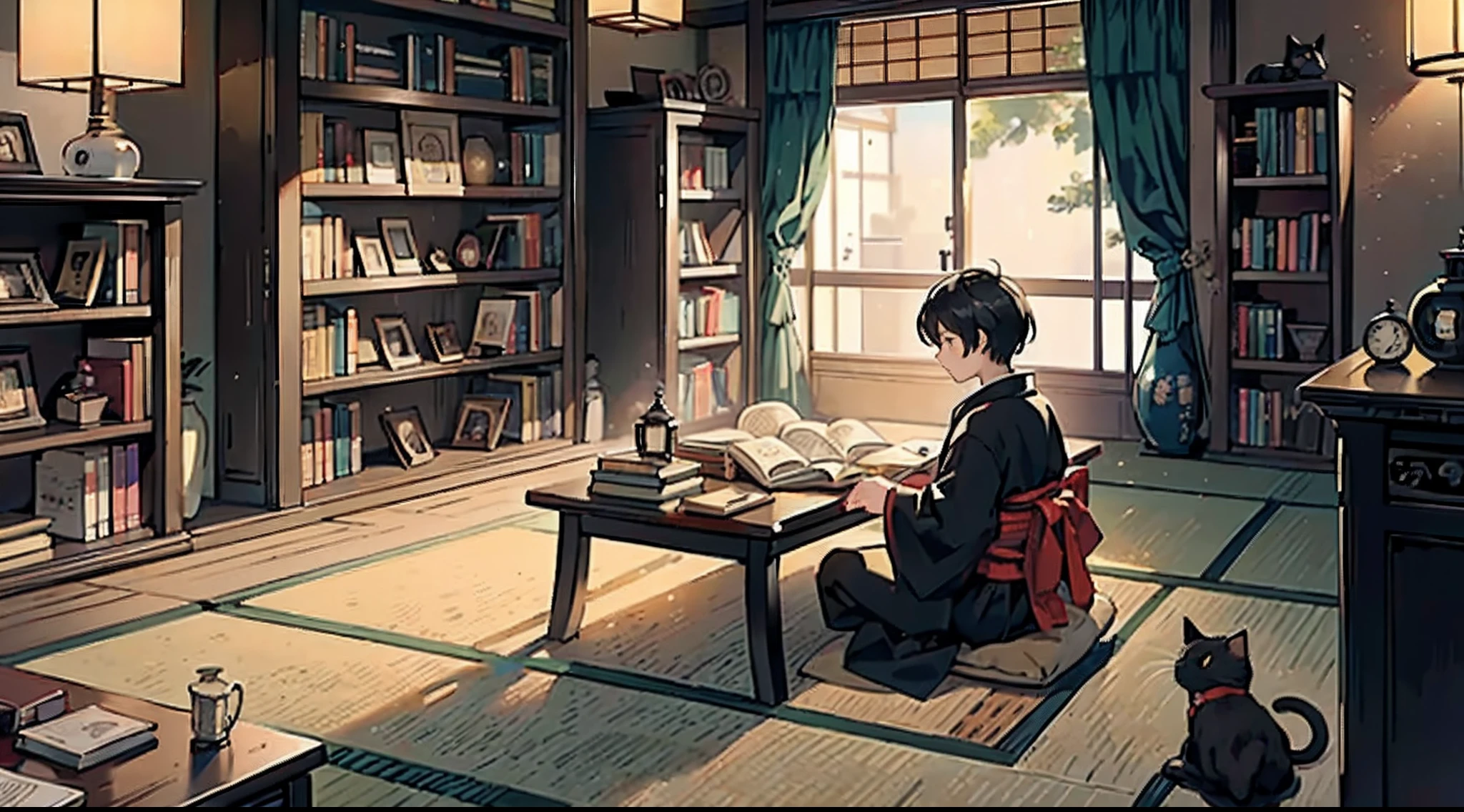 #Quality (intricate-detail、ultra-detailliert:1.2,cinematic shot),
#night sky (darkness of night,no light),
#one writing boy (16 male、writer,Honor Students、A dark-haired、short-hair、hakama,sit flat),
#black room at night (no light,black cat,books on desk,one candle,pretty tatami,a lot of books,bookshelf)