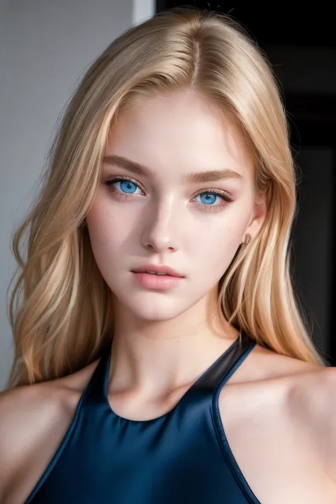 beautiful 18yo american supermodel, k pop, dance wear, sporty, looking at viewer, slender figure, blonde, detailed face, realistic eyes, detailed eyes, facing straight at camera, fujifilm xt3